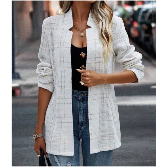 Classic Plaid Print Open Front Blazer Jacket Coat